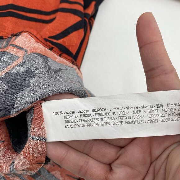 Zara Size Small Leaf Print Collar V-Neck Button Front Long Sleeve Blouse Satin - Picture 10 of 12